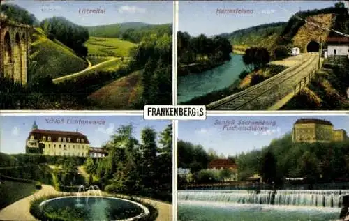 Ak Frankenberg an der Zschopau, Lützeltal, Harrasfelsen, Schloss Lichtenwalde, Fischerschänke, Wehr