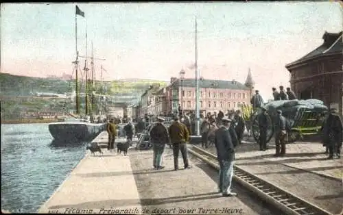 Ak Fécamp Seine Maritime, Hafenansicht, Schiffe, Vorbereitungen für den Abfahrt, Personen, Hunde