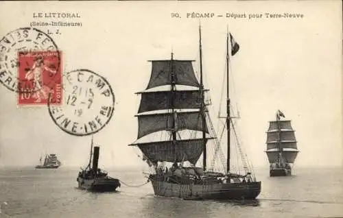 Ak Fécamp Seine Maritime, Schiffe, Hafenansicht, Abfahrt nach Neufundland, historische Fotografie