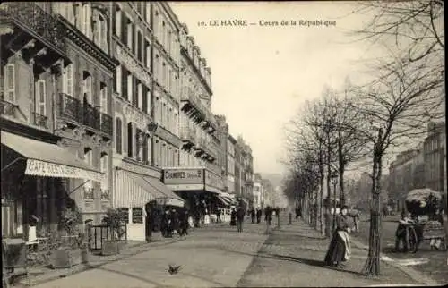 Ak Le Havre Seine Maritime, Café Restingan, Cours de la République, Straßenszene, Tabakladen, ...