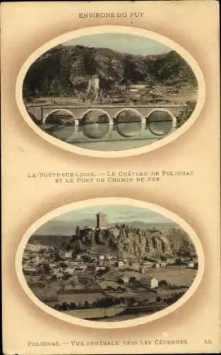 Ak Polignac Haute Loire, Brücke, Schloss  Bergansicht, Cévennes