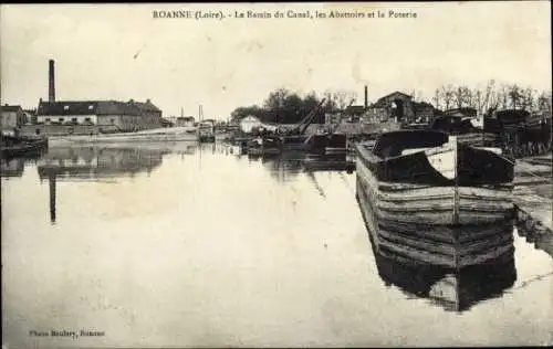 Ak Roanne Loire, Bassin du Canal, Abattoirs, Poterie, Schiffe, Gebäude