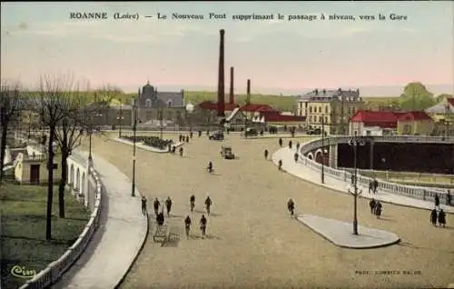 Ak Roanne Loire, Nouveau Pont, Straßenansicht, Gebäude, Bäume, Menschen, Gare, Industrie