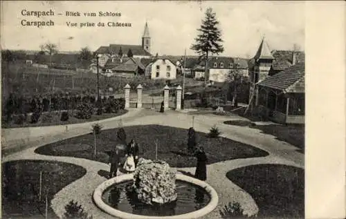Ak Carspach Karspach Elsass Haut Rhin, Blick vom Schloss, Gartenlandschaft, historische Archit...