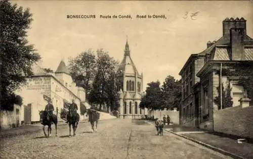 Ak Bonsecours Seine Maritime, Zwei Reiter auf der Straße, Kirche im Hintergrund, Häuser rechts...