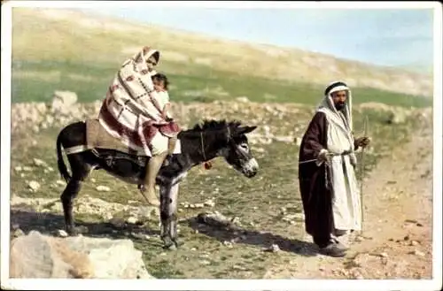 Ak Die Flucht nach Ägypten, The escape to Egypt, Arabische Familie, Esel
