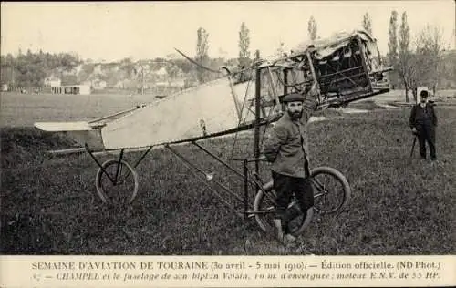 CPA Semaine d'aviation de Touraine, 5 mai 1910, biplan Voisin