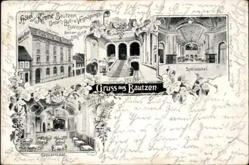 Ak Bautzen in der Oberlausitz, Hotel Krone  Konzertsaal, Vestibül, Speisesaal