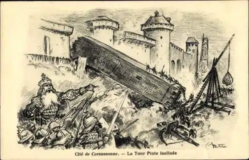 Ak Carcassonne Aude, Cité de  La Tour Pinte inclinée, historische Szene mit Rittern