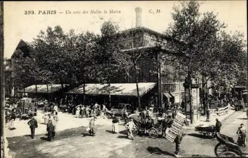 Ak Paris, Straßenszene vor der Markthalle am Morgen