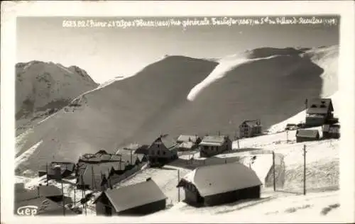 Ak Bort Les Orgues Corrèze Frankreich, Schneebedeckte Landschaft, Gebirgsdorf, alte Holzhäuser