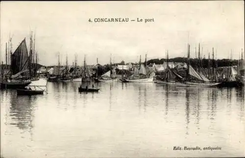 Ak Concarneau Finistère, Hafen von  Segelboote, ruhiges Wasser, historische Postkarte