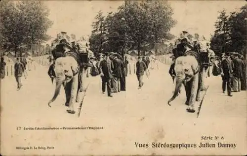 Stereo Ak Paris XVI, Jardin d'Acclimatation, Promenade sur l'Elephant