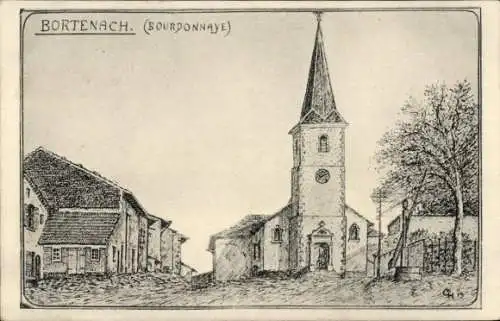 Künstler Ak Bortenach Bourdonnaye, Zeichnung der Kirche, Landwehr Infanterie Regiment No 10