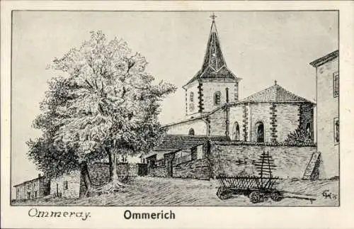 Ak Ommeray Ommerich Lothringen Moselle, Kirche, Baum, Wagon, Straßenszene, Zeichnung