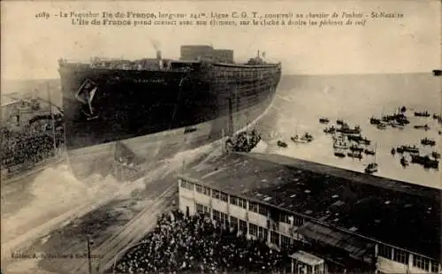 Ak Le Paquebot Ile de France, Chantier de Penhoet St. Nazaire, CGT French Line, Stapellauf