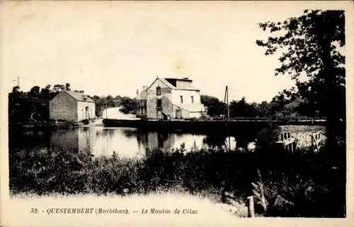Ak Questembert Morbihan, Schwarz-Weiß-Bild, Mühle, See, Gebäude, ländliche Landschaft