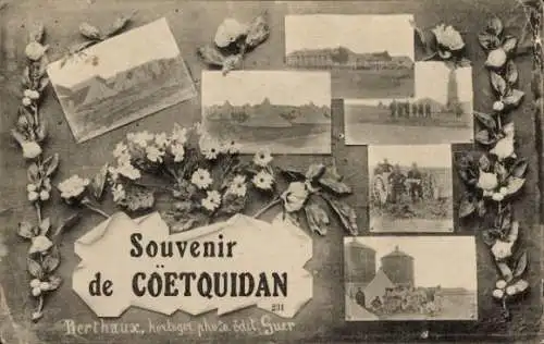 Ak Camp de Coëtquidan Morbihan, Fotorahmen mit Landschaftsbildern, Blumenmuster, 'Souvenir de COË