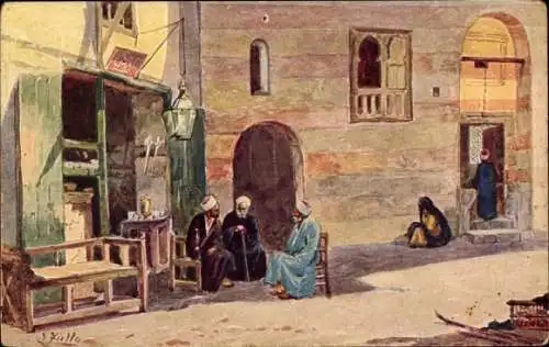 Künstler Ak Zullo, Maghreb, Alte Männer im Gespräch Häuser