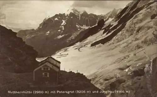 Ak Schweiz, Mutthornhütte mit Petersgrat und Jungfrau