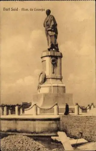 Ak Port Said Ägypten, Denkmal für Ferdinand de Lesseps, Statue, Hafenansicht, Wolken