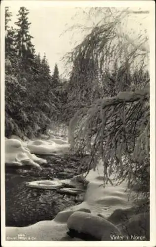 Ak Sollia Norwegen Norge, schneebedeckte Landschaft, winterlicher Fluss, vereiste Bäume