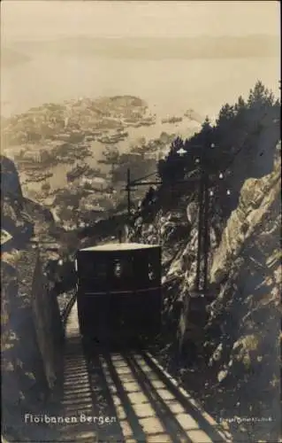 Ak Bergen Norwegen, Flöibanen, Seilbahn, Stadtansicht, Hafen, Berglandschaft