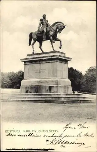 Ak Kristiania Christiania Oslo Norwegen, Reiterstandbild von Karl XIV Johan, stehend auf einem Pf