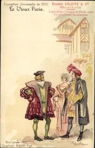 Künstler Litho Robida, A., Exposition Universelle de 1900, Bourgeois du Quartier Moyen Age