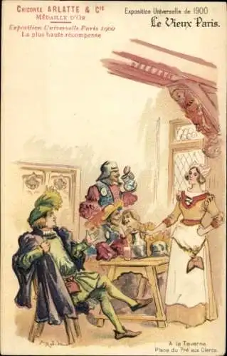 Ak Paris, Exposition Universelle de 1900, Le Vieux Paris, A la Taverne, Place du pre aux Cleros