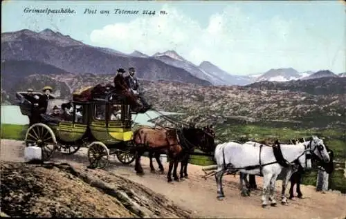 Ak Schweiz, Grimselpasshöhe, Post am Totensee, Postkutsche, Fünfergespann