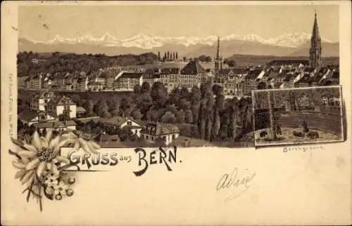 Ak Bern Stadt Kanton Bern, Berg Gurten, Verschneite Berge, Stadtansicht, Blumen, Gruß aus Bern