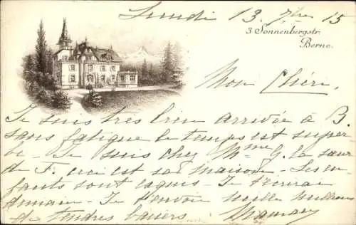 Ak Berner Oberland Kanton Bern Schweiz, Grafisches Motiv eines Herrenhauses, Natur, Bäume, Berge