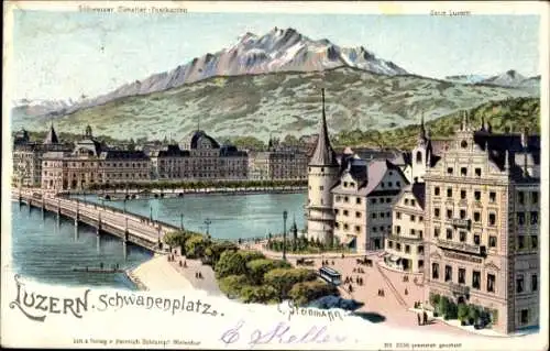 Ak Lucerne Luzern Stadt Schweiz, Schwanenplatz, Berglandschaft, Architektur, bunte 