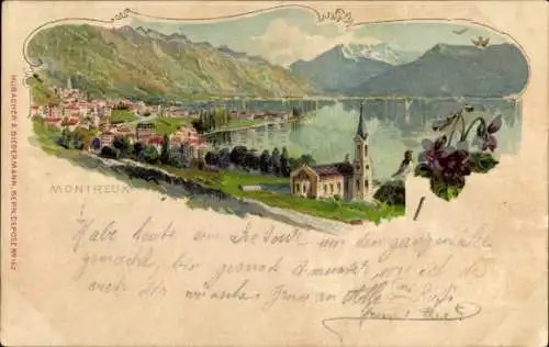 Ak Montreux Kanton Waadt Schweiz, Panorama von  See, Berge, Kirche, Blumen