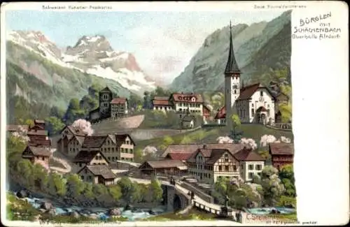Künstler Litho Steinmann, C., Bürglen Kt Uri Schweiz, Ort mit Schächenbach oberhalb Altdorf