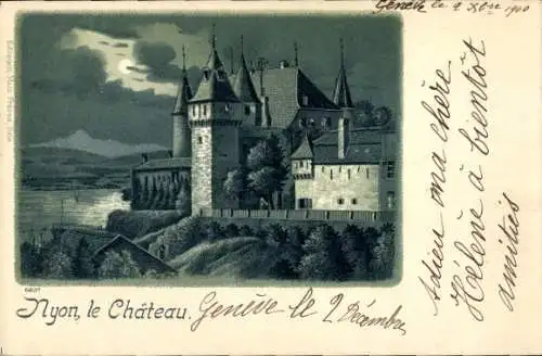 Mondschein Litho Nyon Kanton Waadt, Schloss bei Nacht