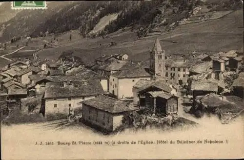 Ak Bourg Saint Pierre Kanton Wallis Schweiz, Schwarz-Weiß-Bild, Dorfansicht, Kirche, Hotel, Berge