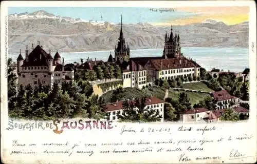 Ak Lausanne Kanton Waadt,  mit Stadtansicht von  Schloss, Kirche, See, Gebirge, farbenfrohe Illus