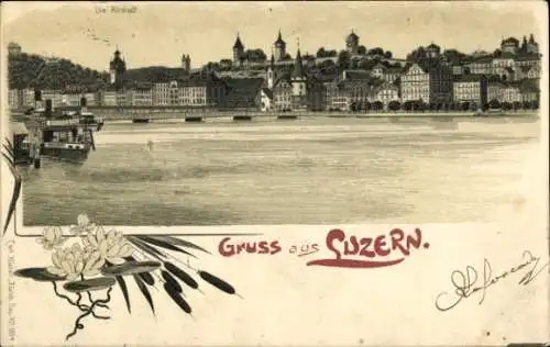 Ak Lucerne Luzern Stadt Schweiz, Altstadt von  Flussansicht, Boot, Gruss aus Luzern