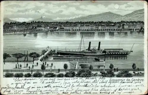 Ak Genf Stadt Schweiz, Historische Ansicht von  See, Dampfschiff, Uferpromenade
