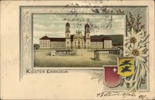 Ak Einsiedeln Kanton Schwyz Schweiz, Kloster  s Gebäude, umgeben von Bergen