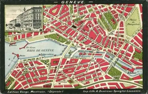 Ak Genf Stadt Schweiz, Karte von  Sehenswürdigkeiten, Jet d'eau, Rhone, Palais de Justice