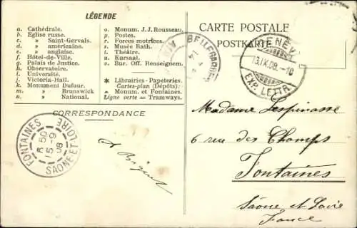 Ak Genf Stadt Schweiz, Karte von  Sehenswürdigkeiten, Jet d'eau, Rhone, Palais de Justice