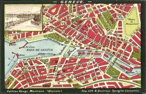 Ak Genf Stadt Schweiz, Karte von  Rade de Genève, Jet d'eau, Sehenswürdigkeiten, Hotels