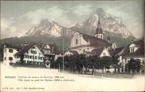 Ak Schwyz Stadt Schweiz, Schwytz, Stadtansicht, Mythen, Berge,  