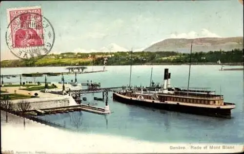 Ak Genf Stadt Schweiz, Schiff im Hafen, Bergpanorama im Hintergrund, Stadtansicht