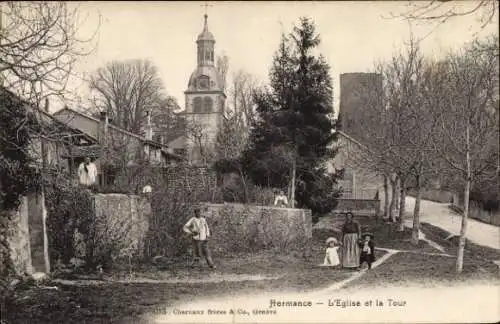 Ak Hermance Kanton Genf, Bild von Kirche und Turm, Menschen und Bäume, Landschaft