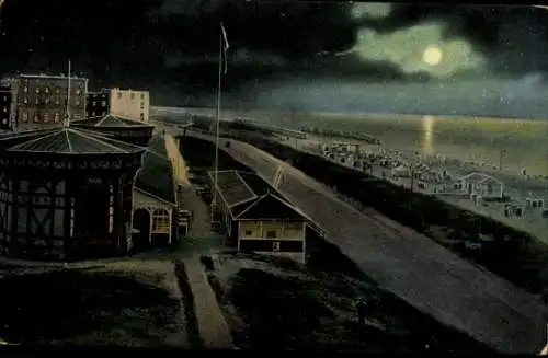 Ak Southend on Sea Essex England, Nachtansicht vom Strand, Mondlicht, Pavillon, Seebrücke, grüne 
