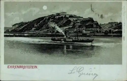 Ak Ehrenbreitstein Koblenz am Rhein, Burg auf Hügel, Dampfboot im Fluss, Mond am Himmel